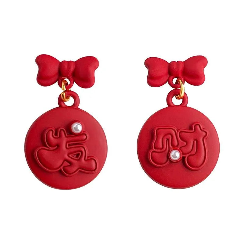 Chinese Style Red Bow Drop Earrings Copper New Year Festive Lucky Jewelry