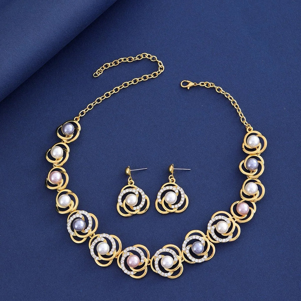 Elegant Gold Alloy Saturn Pearl Rhinestone Necklace Earrings Jewelry Set For Wedding Party Gift
