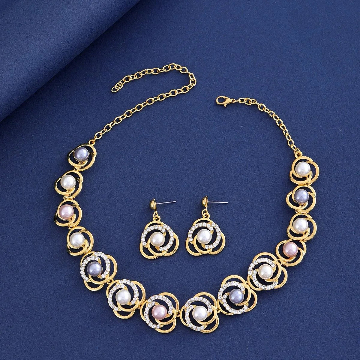 Elegant Gold Alloy Saturn Pearl Rhinestone Necklace Earrings Jewelry Set For Wedding Party Gift