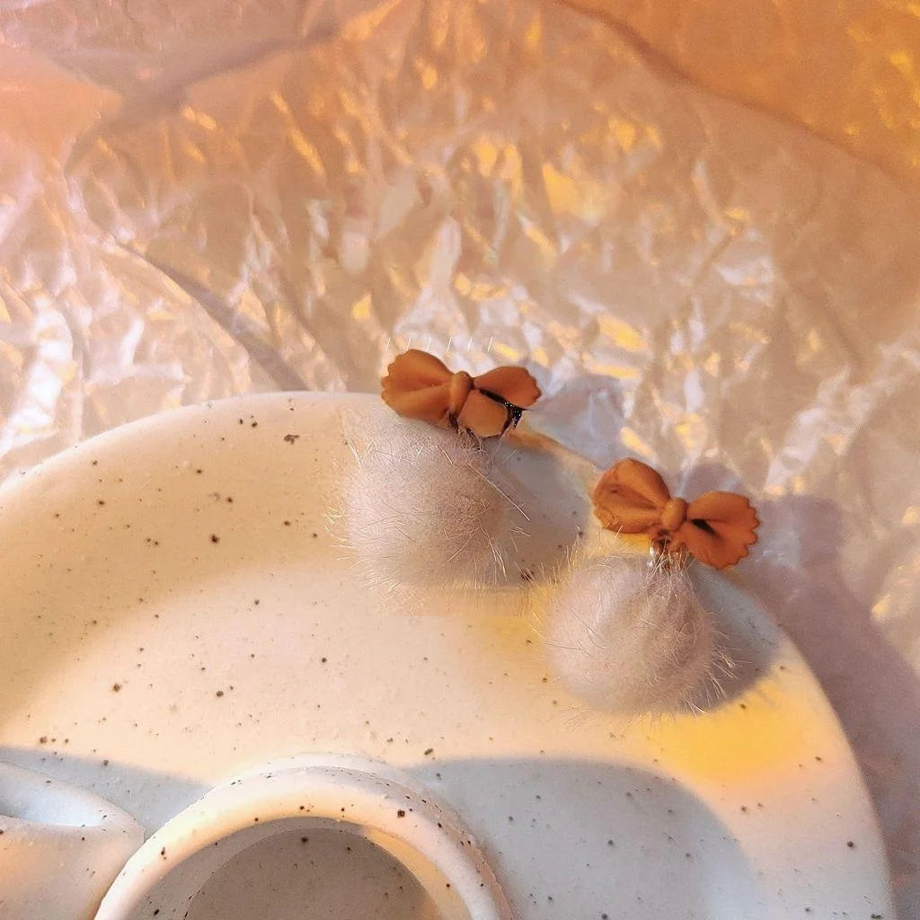 Winter Brown Bow Pom Pom Stud Earrings With Silver Plated Pins Elegant Women's Ear Jewelry