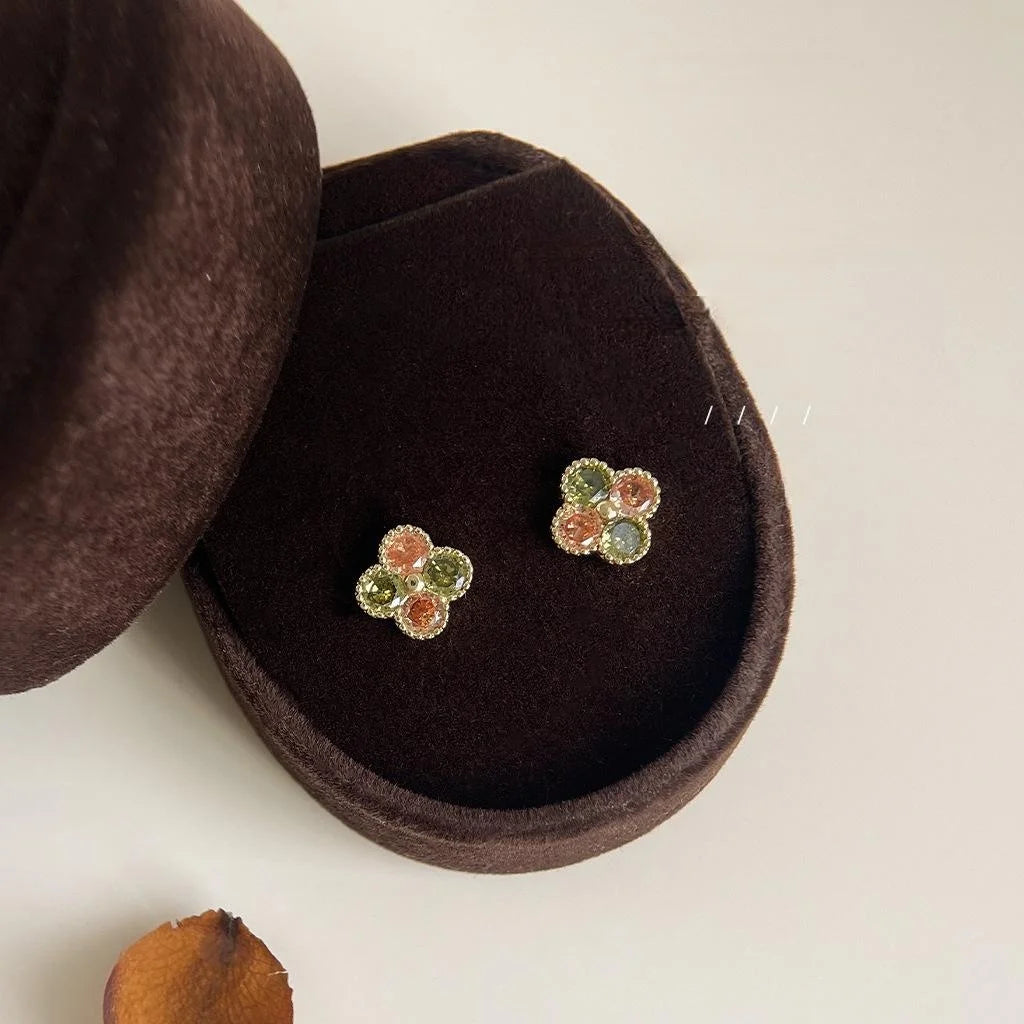 Mini 14K Gold Plated Copper Micro Pave Zircon Geometric Flower Stud Earrings For Women
