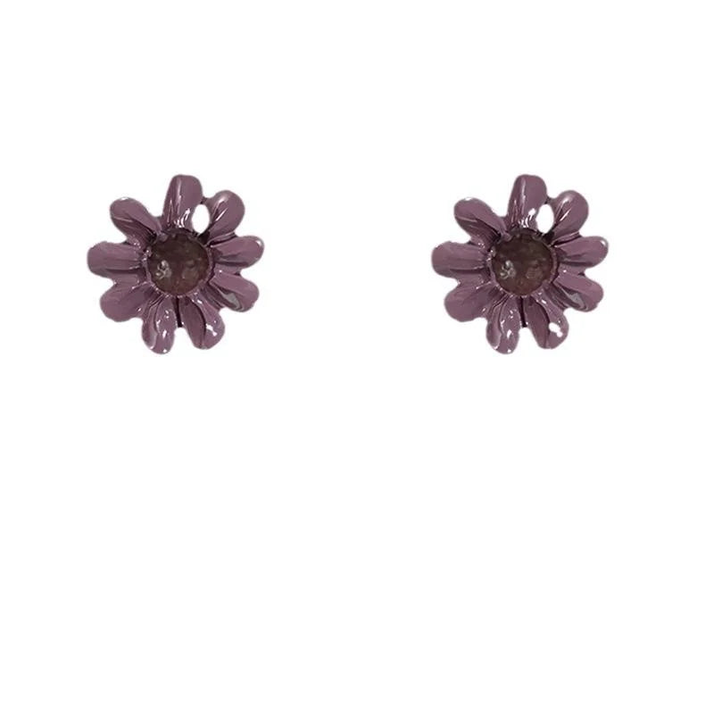 Purple Daisy Stud Earrings Alloy Silver Plated French Vintage Oil Painting Floral Jewelry