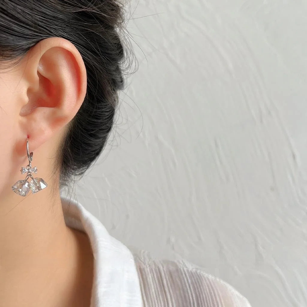 Premium Glass Crystal Bow Bell Drop Earrings With Micro Pave Zircon Irregular Handmade Design