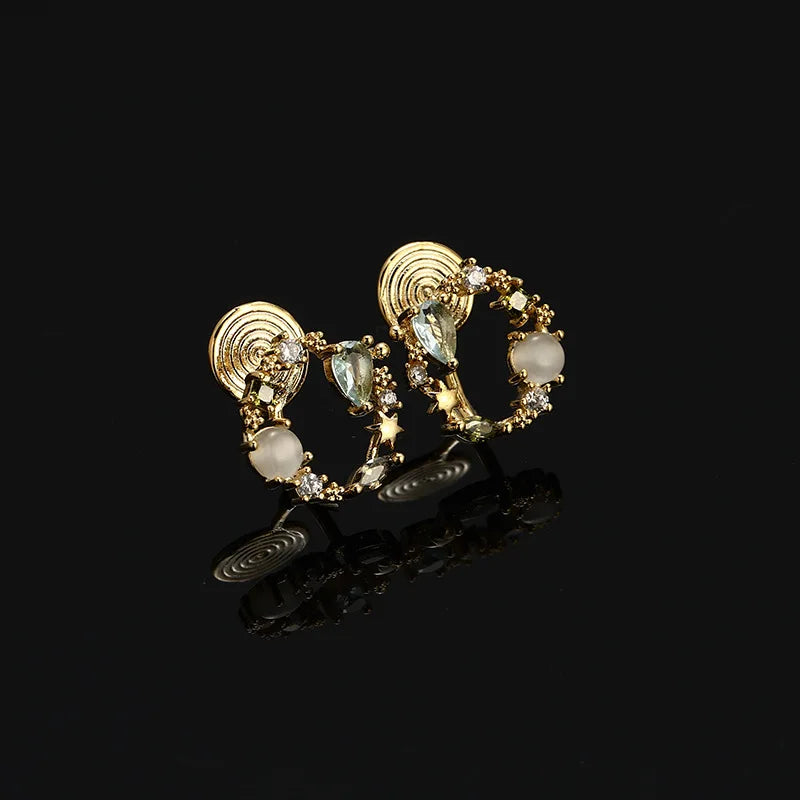 Elegant Green Cat Eye Crystal Wreath Hoop Stud & Clip On No Piercing Gold Alloy Fairy Earrings