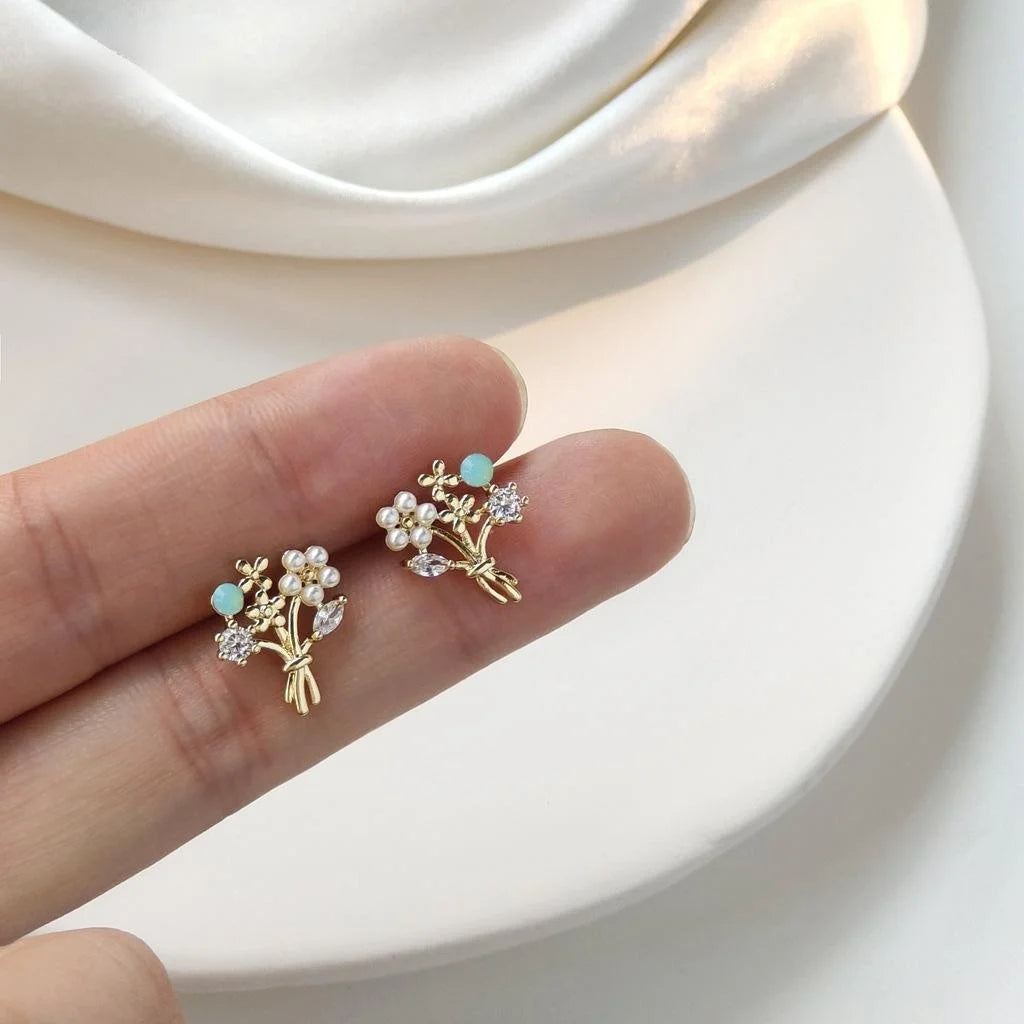 14K Plated Copper Floral Bouquet Stud Earrings With Zircon Micro Pave Korean Sweet Jewelry