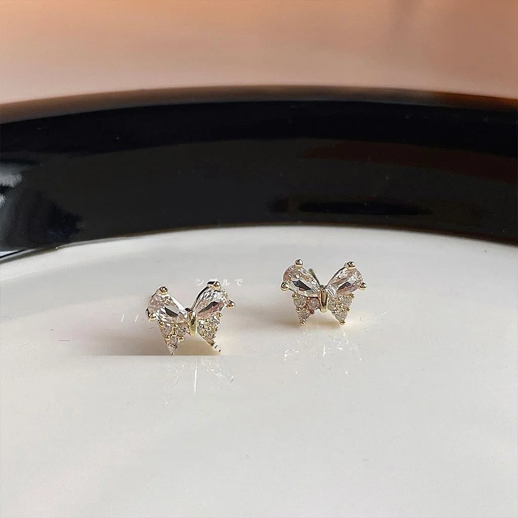14K Plated Copper Micro Pave Zircon Butterfly Stud Earrings Sweet Fresh Insect Jewelry