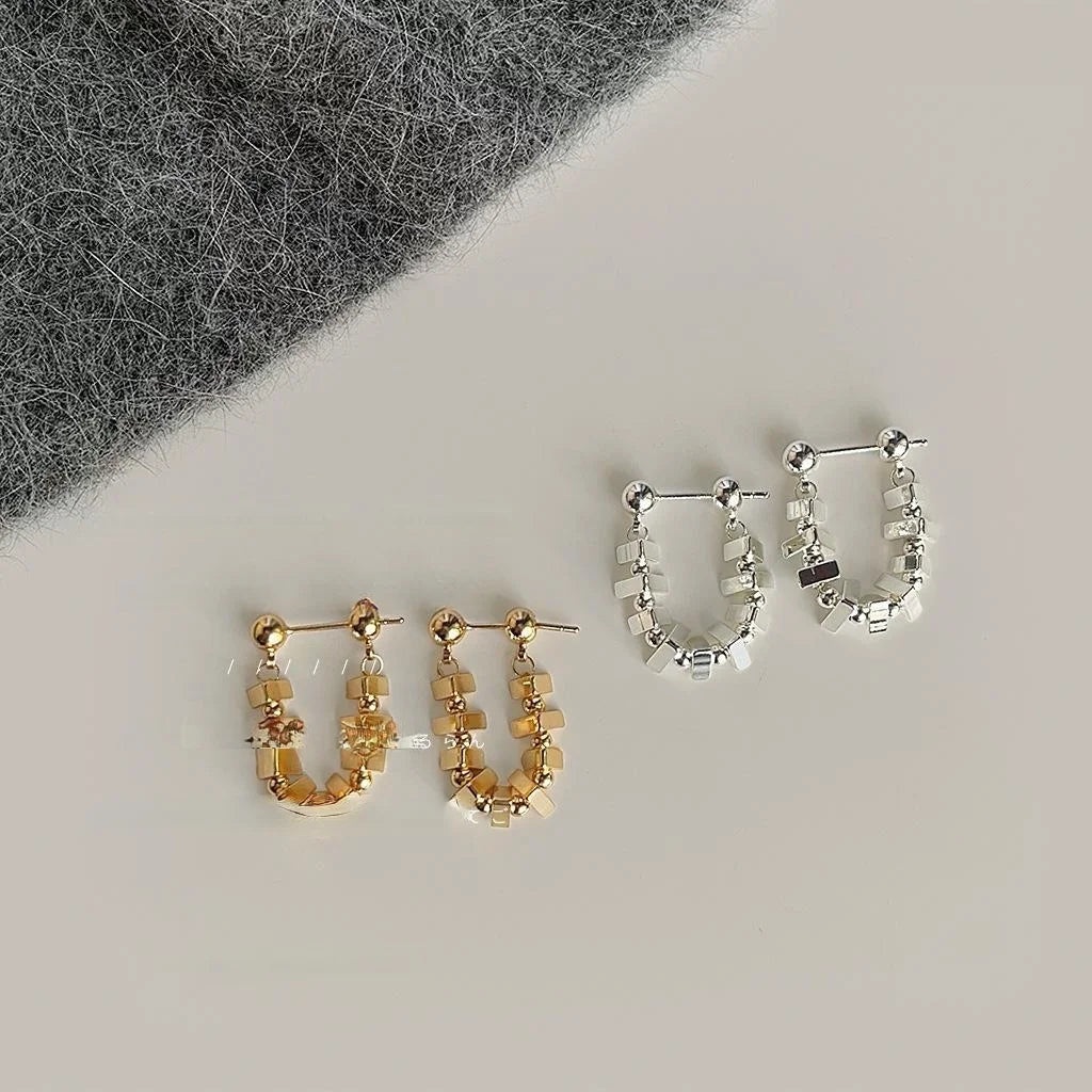 Vintage Copper Geometric Square Chain Stud Earrings, Handmade Light Luxury Commuter Jewelry