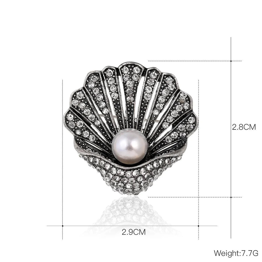 Vintage Rhinestone Shell Brooch With Faux Pearl, Elegant Gold Tone Lapel Pin Suit Accessory Gift