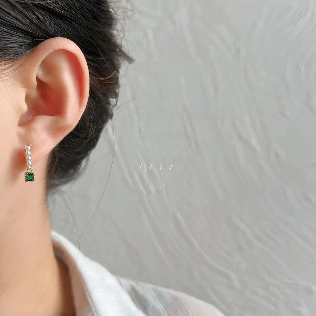 Mini Vintage Geometric Pearl Emerald Stud Earrings 14K Plated Copper Micro Pave Zircon Jewelry