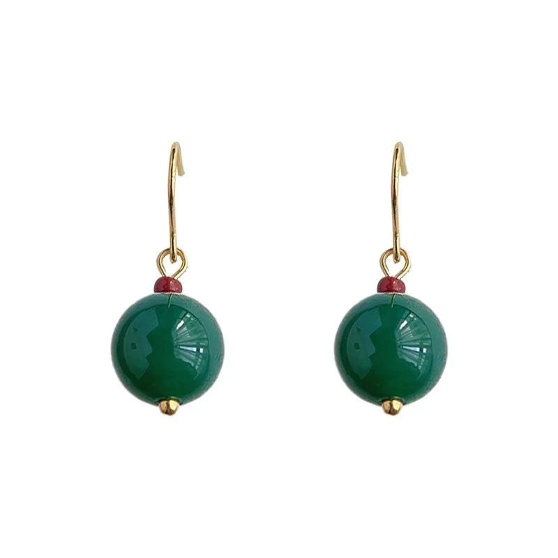 Handmade New Chinese Vintage Palace Style Red And Green Agate Round Geometric Drop Earrings