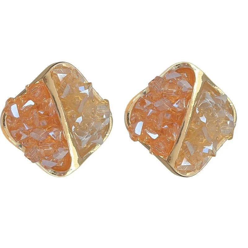 Vintage Geometric Gradient Glass Crystal Stud Earrings Copper Sunset Orange Chic Jewelry