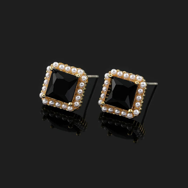 Vintage Black Square Crystal Pearl Stud & Clip On No Piercing French Luxury Alloy Earrings