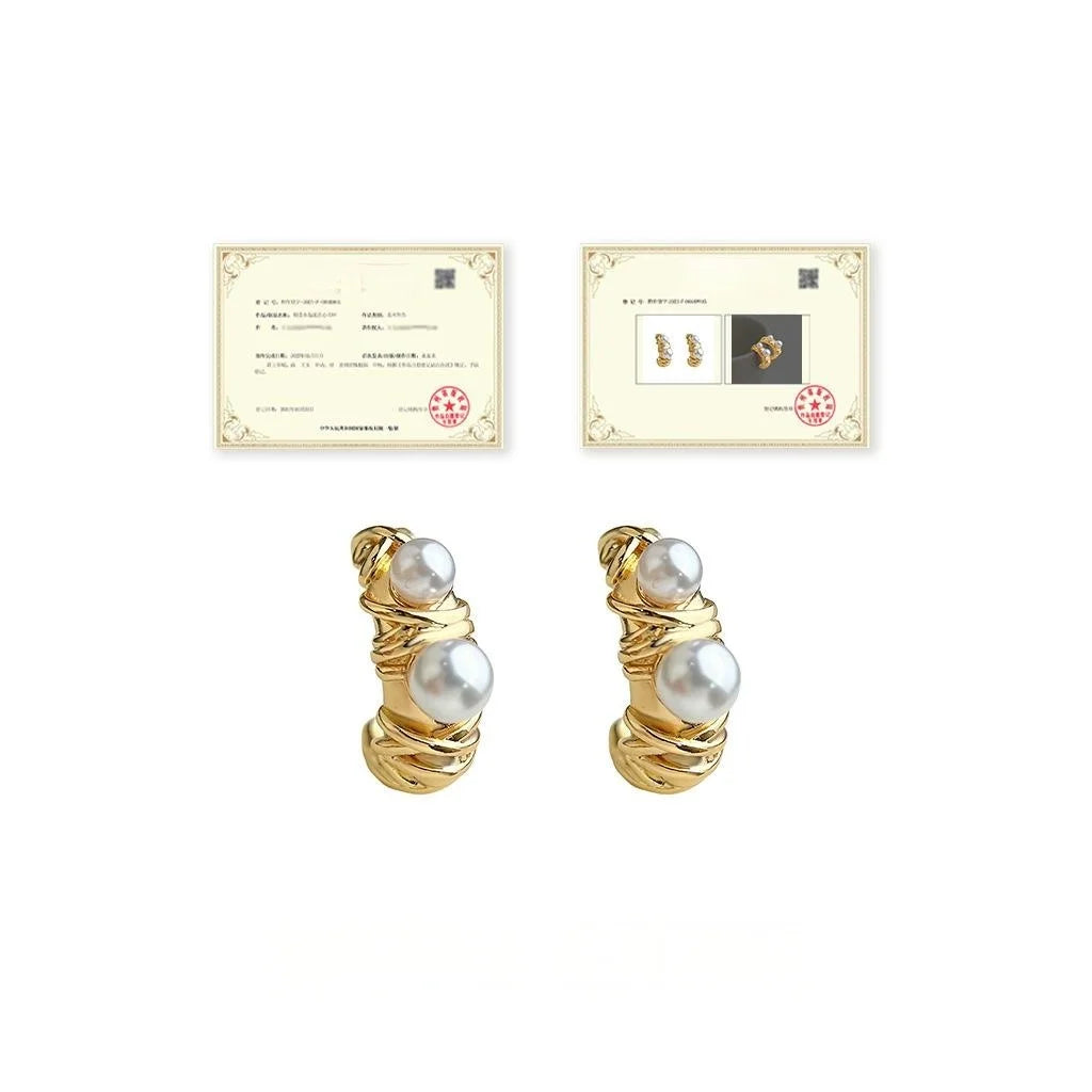Luxury Electroplated Copper C Shape High Gloss Pearl Geometric Drop Earrings For Women