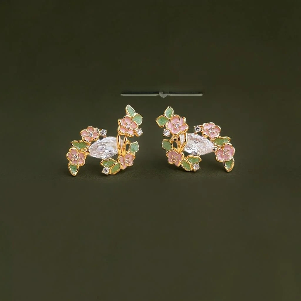 Original Floral Copper Zircon Stud Earrings Sweet Elegant Niche Designer Jewelry