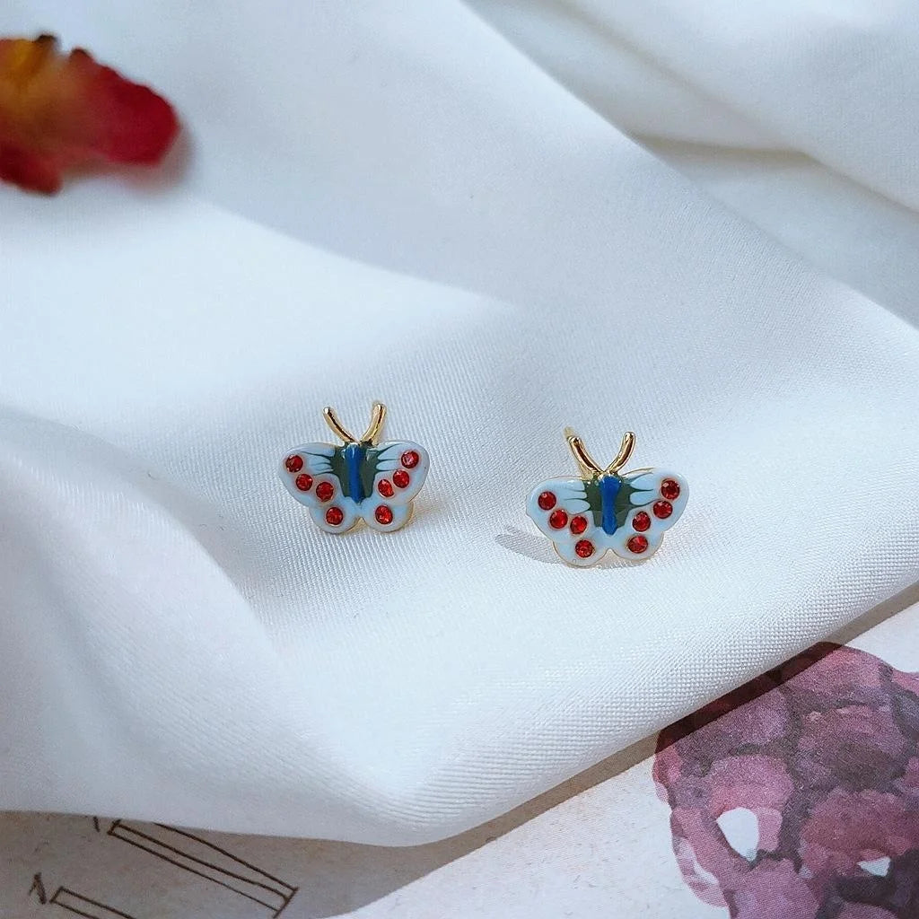 Vintage Mini Butterfly Stud Earrings 14K Gold Plated Copper Enamel Drip Oil Jewelry