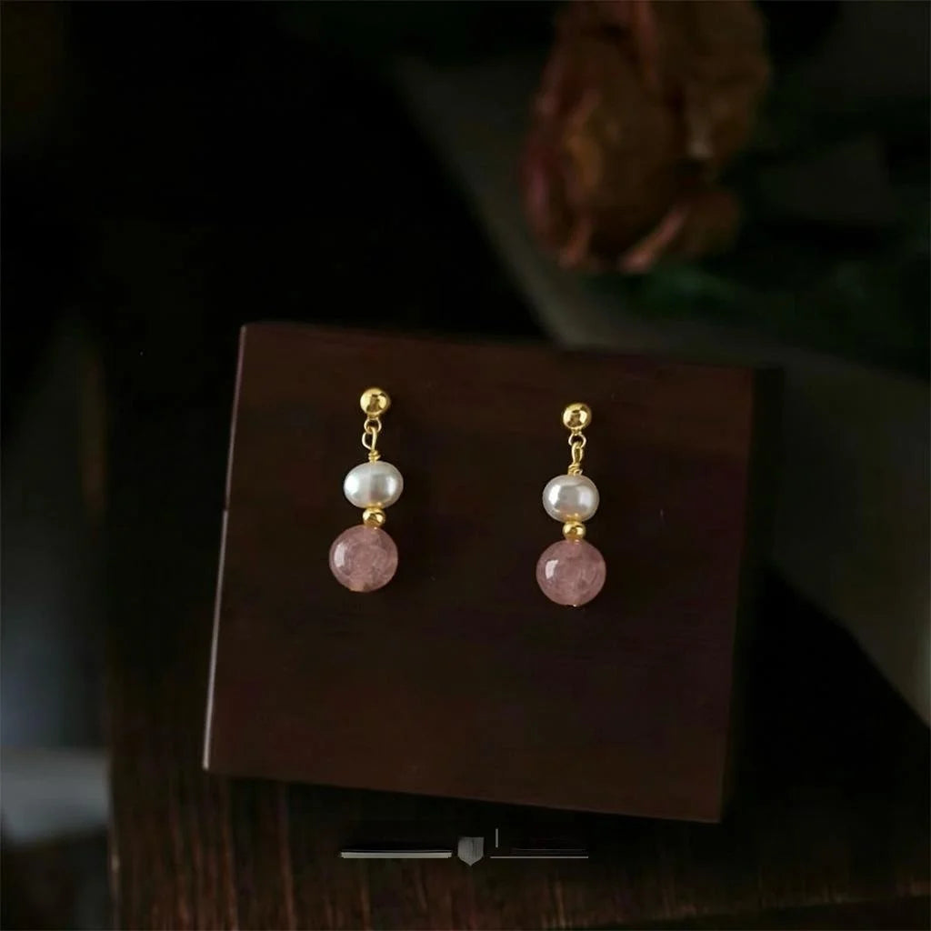 Handmade Strawberry Quartz Pearl Geometric Stud Earrings 14K Gold Plated Minimalist Jewelry
