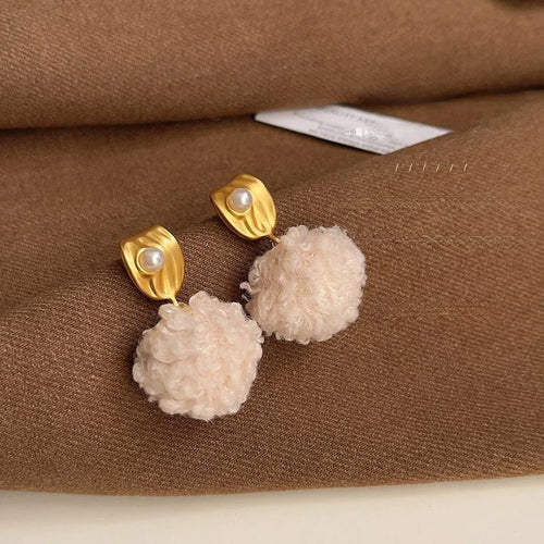 Cute Fluffy Pom Pom Drop Earrings Copper Handmade Round Geometric Winter Jewelry For Women