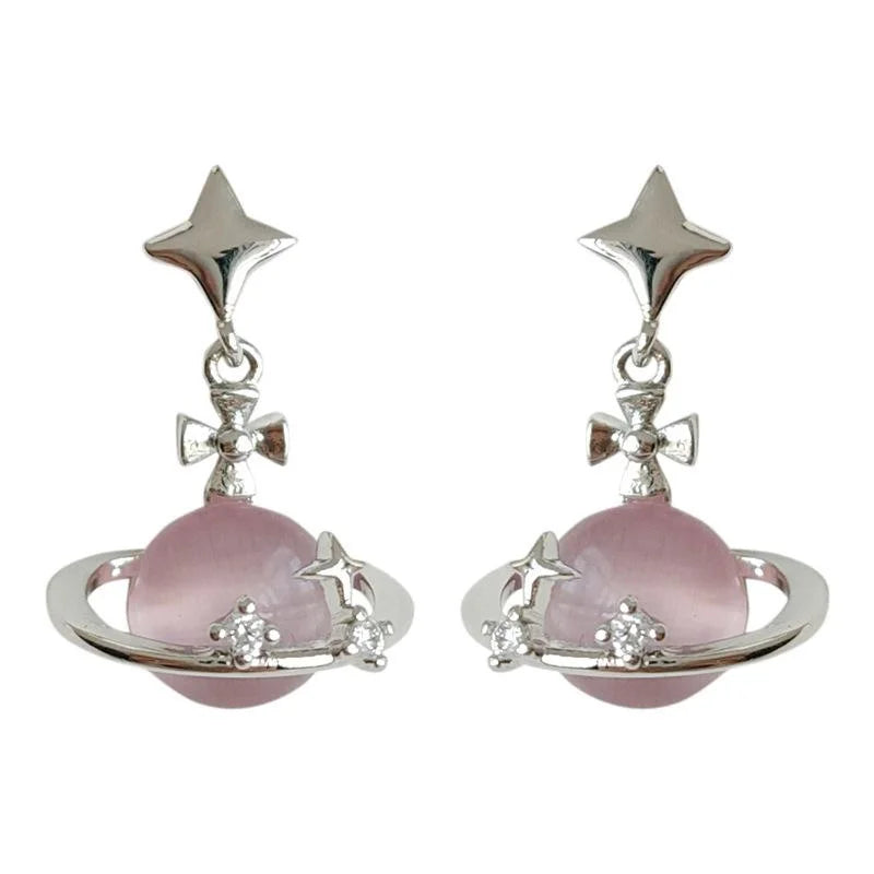 Sweet Cool Pink Glass Cat Eye Stone Star Planet Stud Earrings Copper Micro Pave Zircon Silver Plated