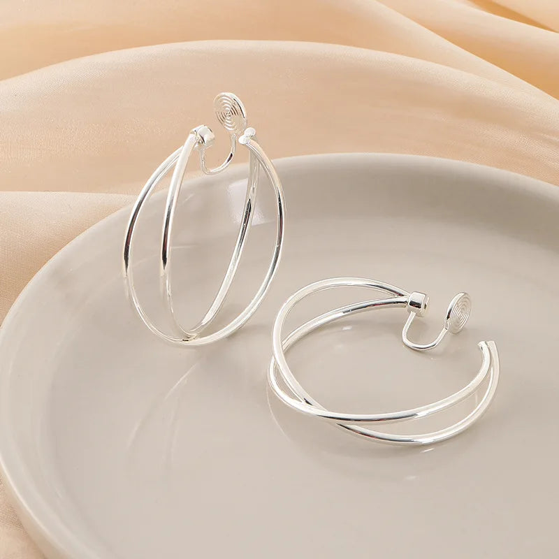 Elegant Silver Alloy Crossed Double Hoop Stud & Clip On No Piercing Spiral Circle Ear Cuff Earrings