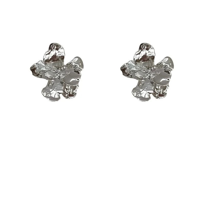 Liquid Metal Copper 3D Irregular Flower Stud Earrings With Silver Plated Pins For Women