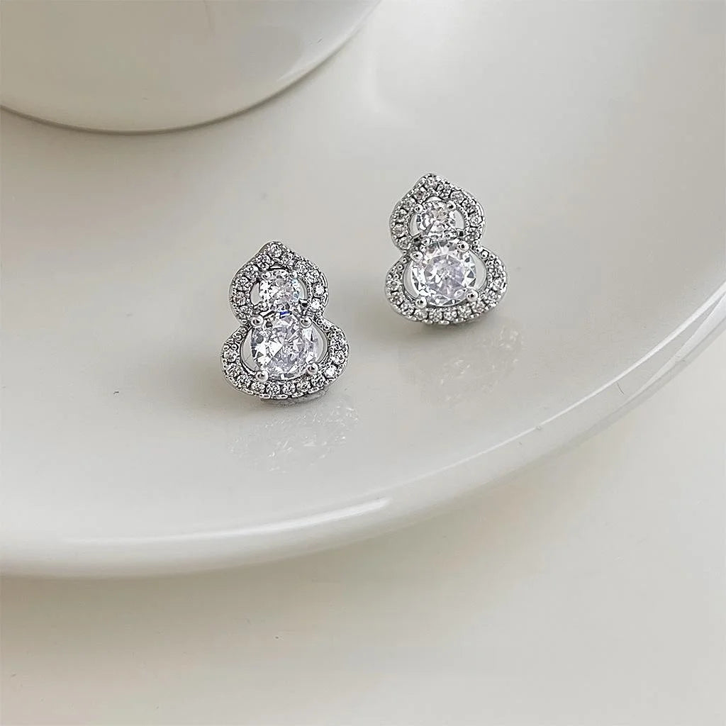Light Luxury Copper Zircon Gourd Stud Earrings, Geometric Minimalist Jewelry