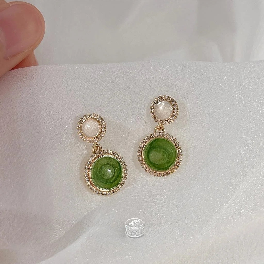 14K Plated Round Green Zircon Stud Earrings, Fresh Summer Colorblock Style