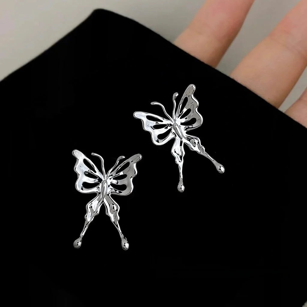 Sweet Cool Silver Tone Copper Liquid Butterfly Hollow Wing Drop Earrings For Women