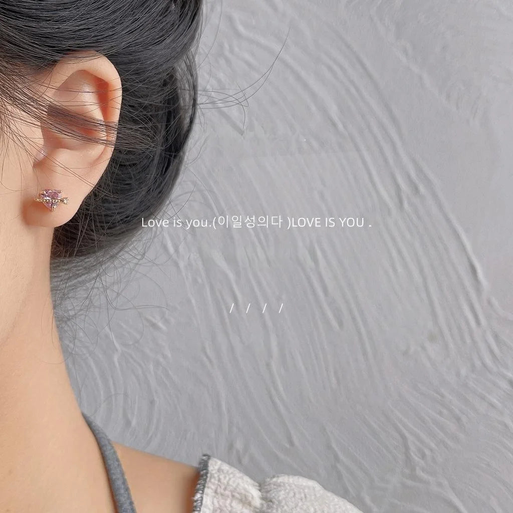 14K Plated Copper Heart Stud Earrings With Micro Pave Zircon, Sweet Minimalist Jewelry