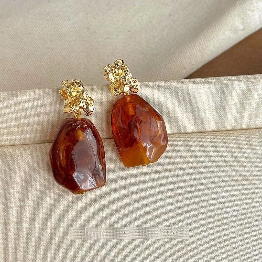 14K Plated Copper Amber Resin Geometric Irregular Drop Earrings For Fashion OL Style