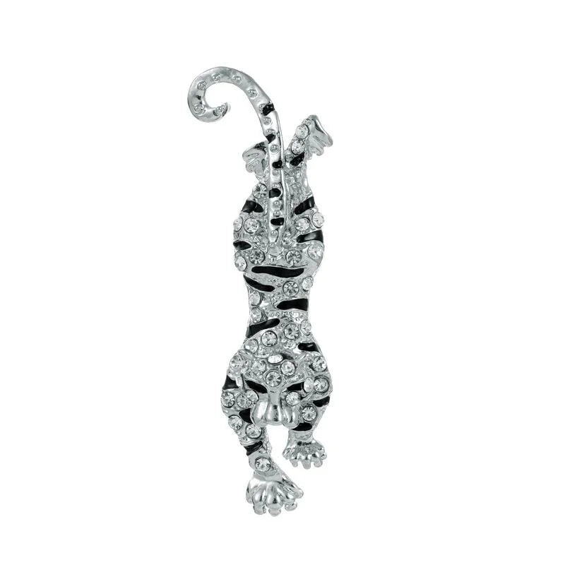 Luxury Rhinestone Tiger Brooch With Black Enamel Stripes, Alloy Animal Lapel Pin Suit Coat Corsage Gift