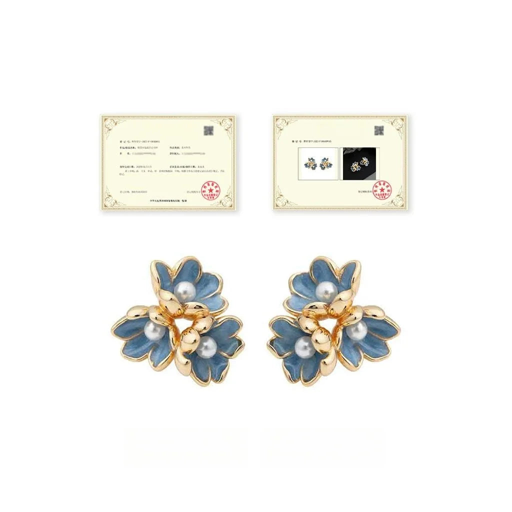 Blue Iris Flower Enamel Drip Glaze Copper Stud Earrings With Pearl