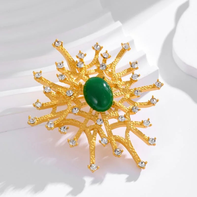 Vintage Spider Web Brooch With Green Cabochon And Rhinestones, Elegant Alloy Lapel Pin Suit Accessory