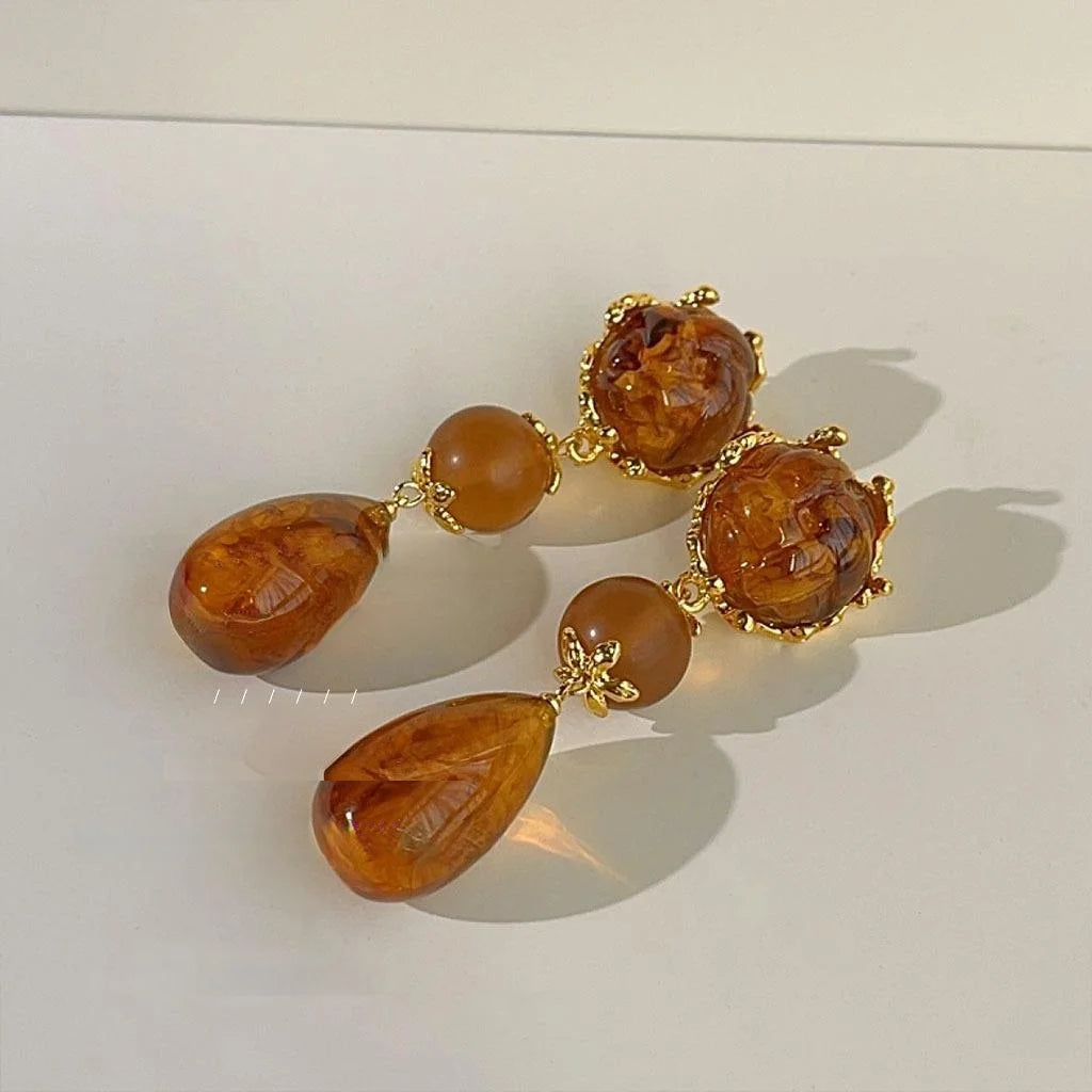 Vintage Amber Resin 3D Rose Tassel Drop Earrings, Handmade Court Style Statement Jewelry