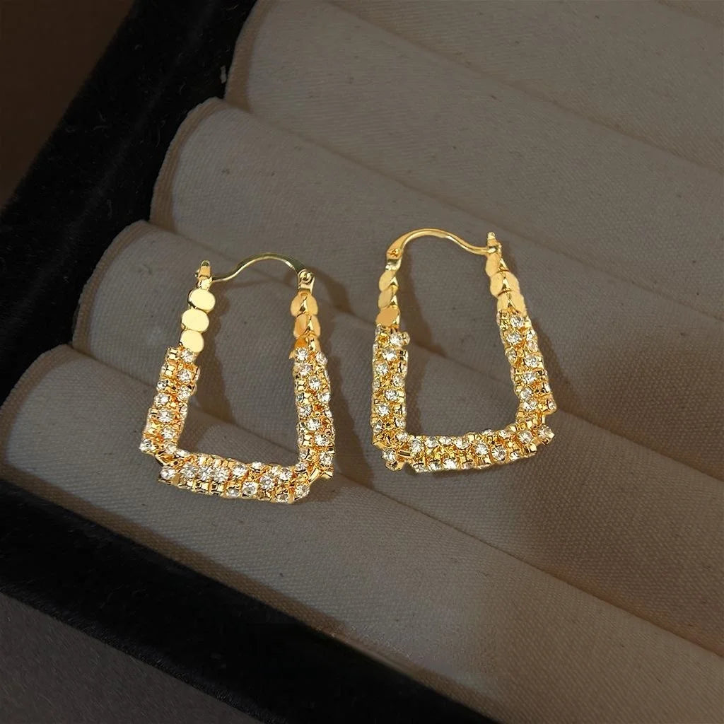 14K Gold Plated Copper Full Rhinestone Geometric Line Ring Drop Earrings For Light Luxury Commuter Style