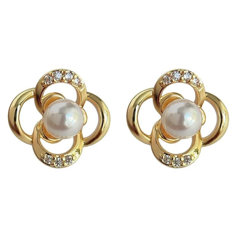 Silver Plated Copper Flower Stud Earrings With Zircon Pave And High Luster Pearl