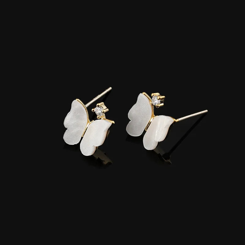 Elegant White Butterfly Zircon Gold Alloy Spiral Stud & Clip On No Piercing Fairy Forest Earrings