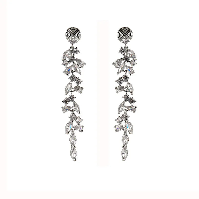 Luxury Zircon Spiral Marquise Leaf Tassel Stud & Clip On No Piercing Long Bridal Drop Earrings