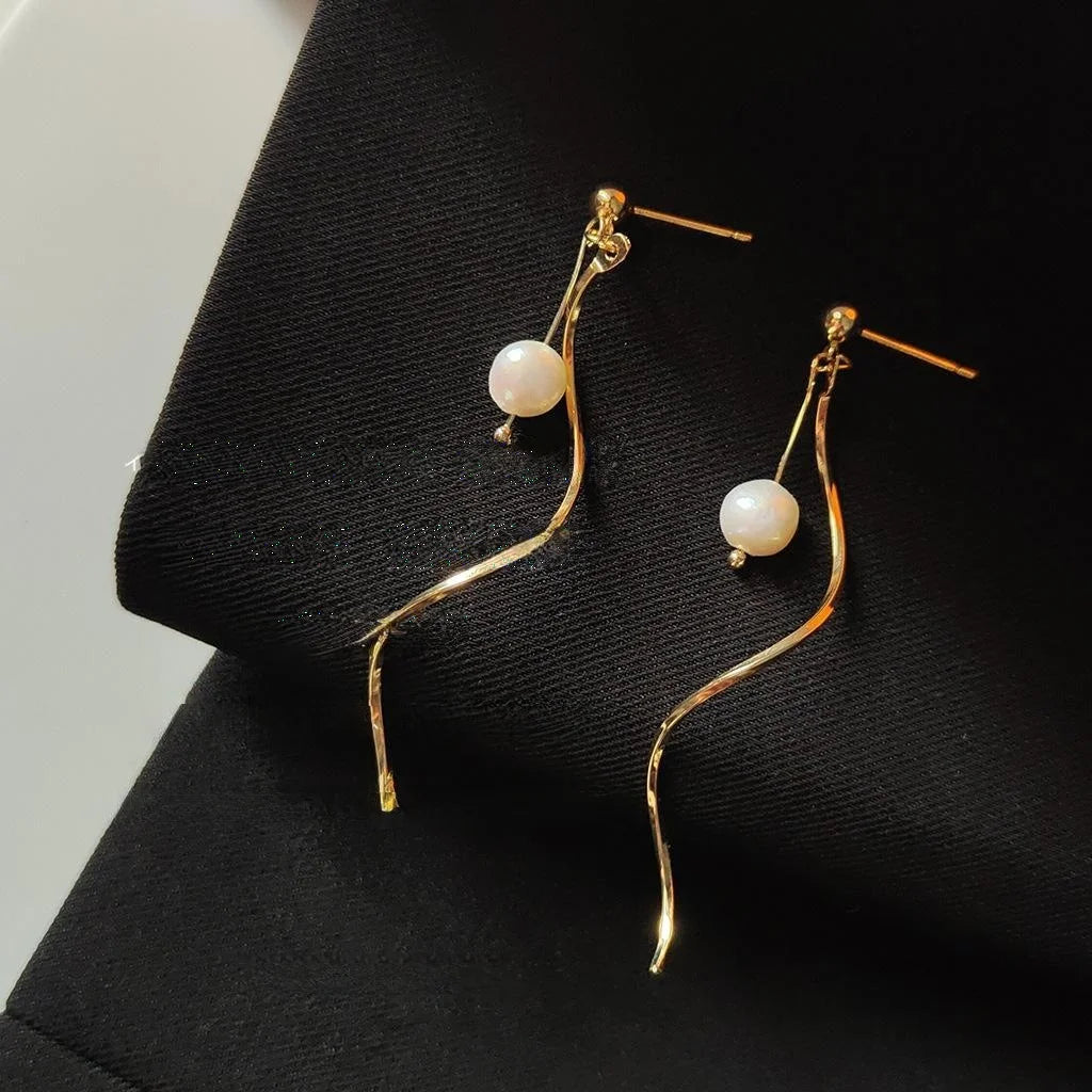 Handmade Baroque Irregular Freshwater Pearl Wave Line Silver Plated Stud Earrings