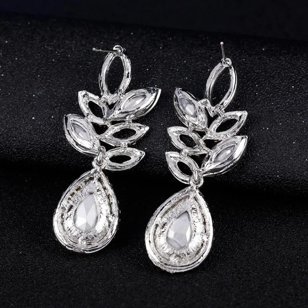 Luxury Bridal Rhinestone Crystal Leaf Teardrop Dangle Earrings For Wedding Party Banquet Gift