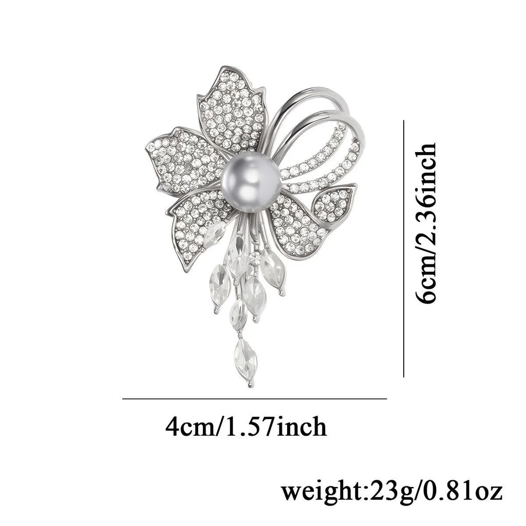 Elegant Rhinestone Flower Brooch With Faux Pearl Center, Silver Alloy Lapel Pin Corsage For Women Gift