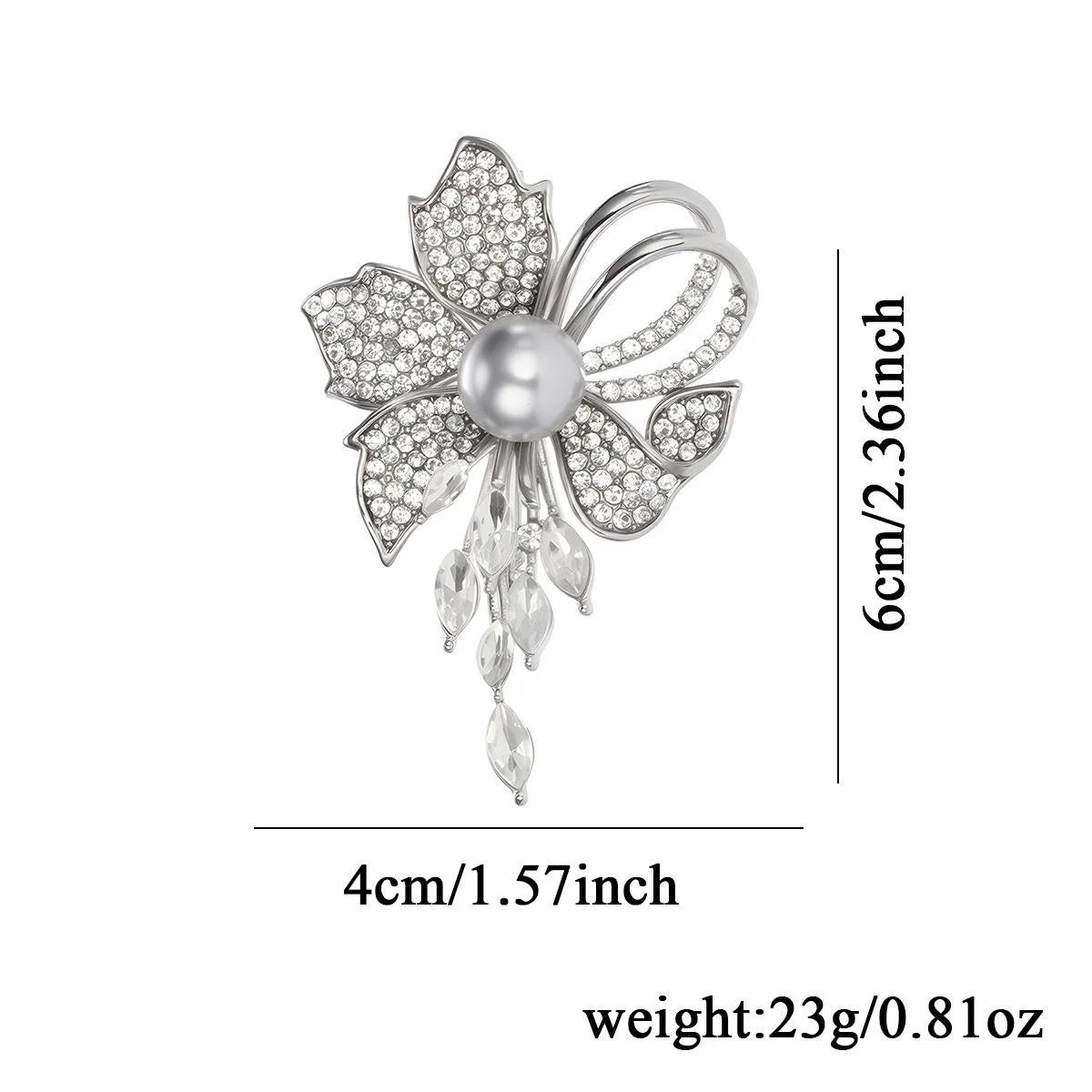 Elegant Rhinestone Flower Brooch With Faux Pearl Center, Silver Alloy Lapel Pin Corsage For Women Gift