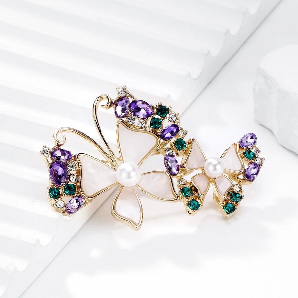 Elegant Double Butterfly Mother Of Pearl Rhinestone Brooch, Gold Alloy Lapel Pin Corsage Gift For Women
