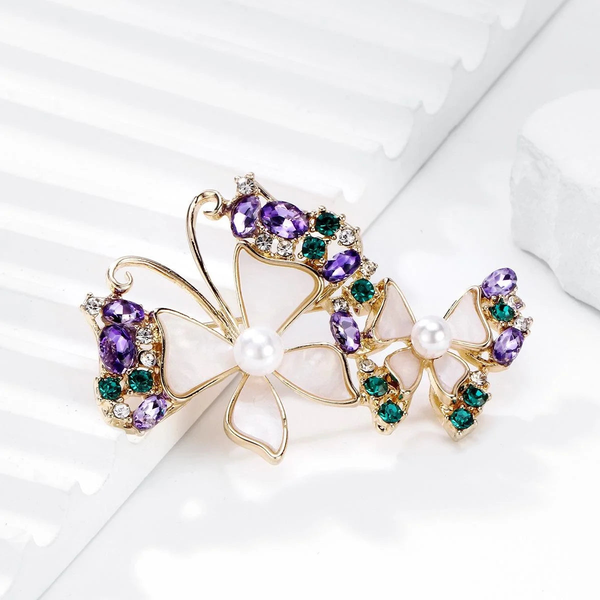 Elegant Double Butterfly Mother Of Pearl Rhinestone Brooch, Gold Alloy Lapel Pin Corsage Gift For Women