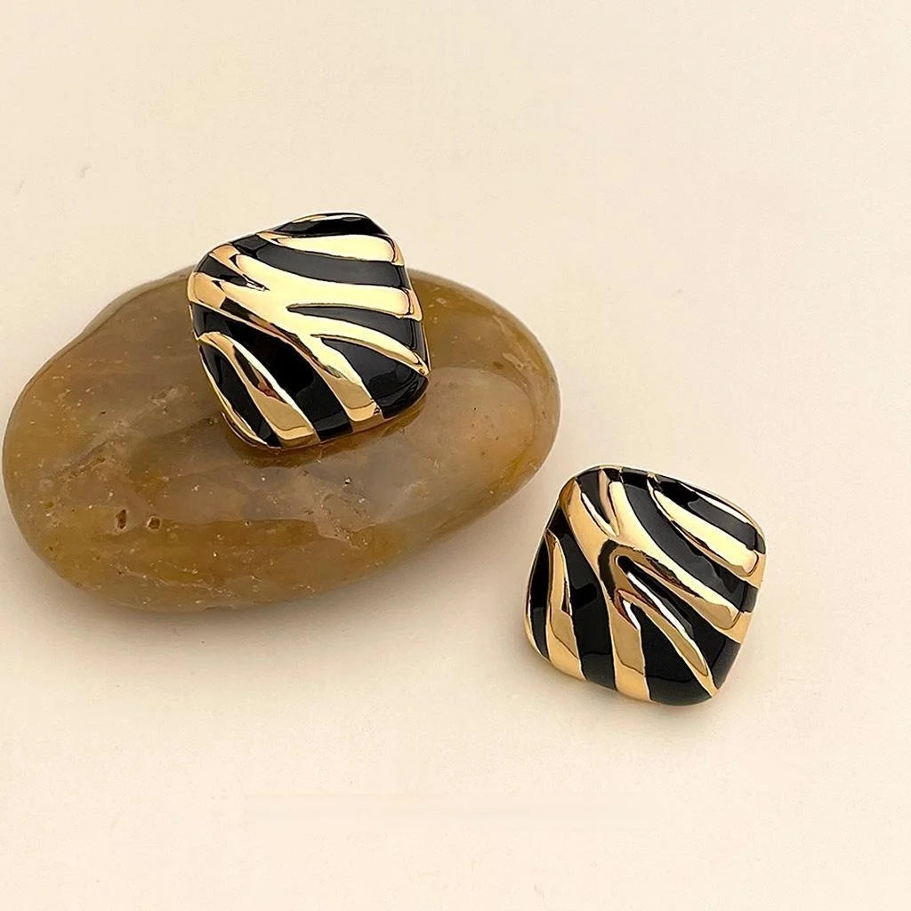 Black Gold Striped Vintage Square Copper Stud Earrings For Women