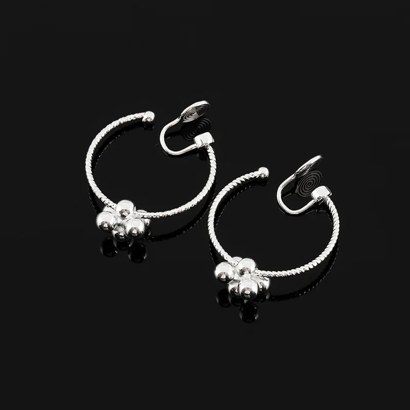 Elegant Silver Alloy Flower Ball Hoop Stud & Clip On No Piercing Spiral Disc Fashion Earrings