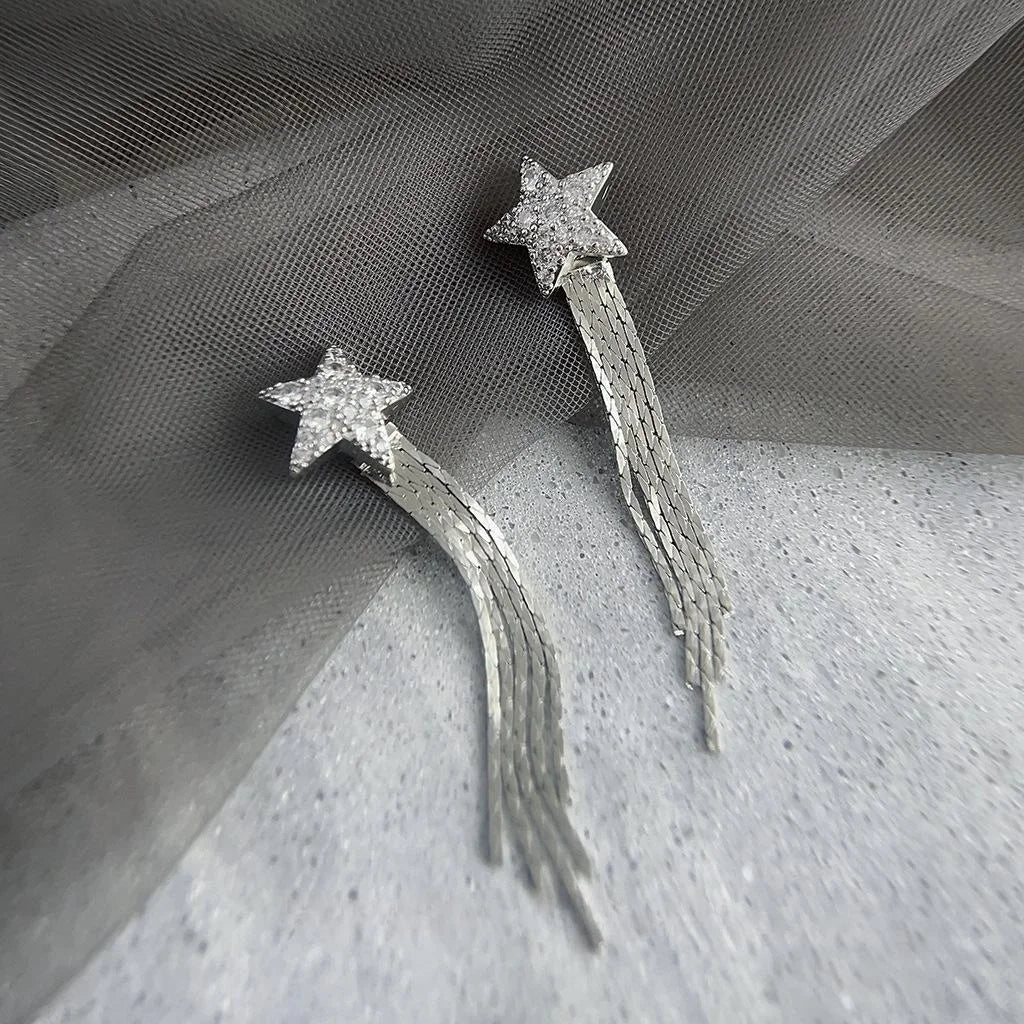 Copper Micro Pave Zircon Star Tassel Waterfall Drop Earrings Long European American Style