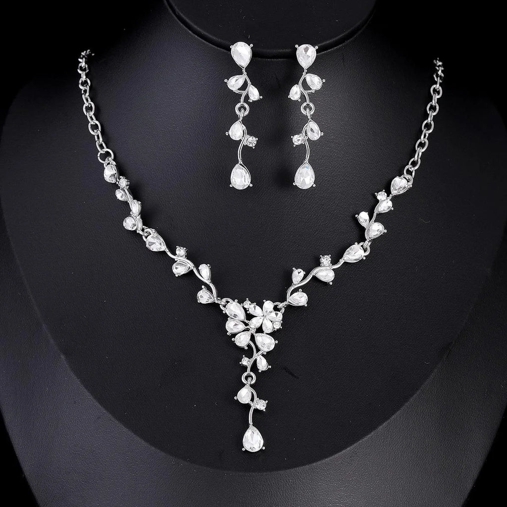 Luxury Teardrop Crystal Flower Necklace And Earrings Jewelry Set For Bridal Wedding Party Banquet Jewelry