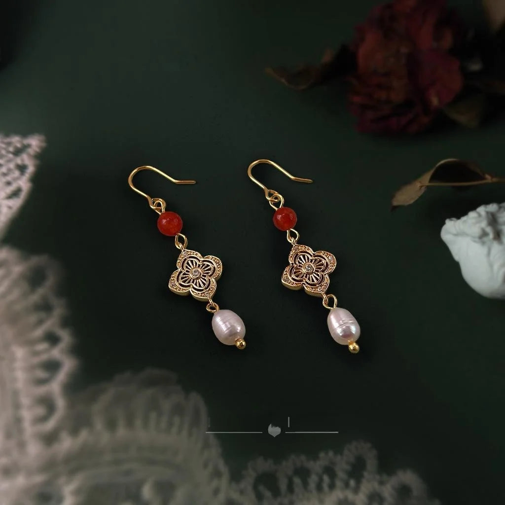 Handmade New Chinese Style Copper Zircon Red Agate Freshwater Pearl Tassel Drop Earrings