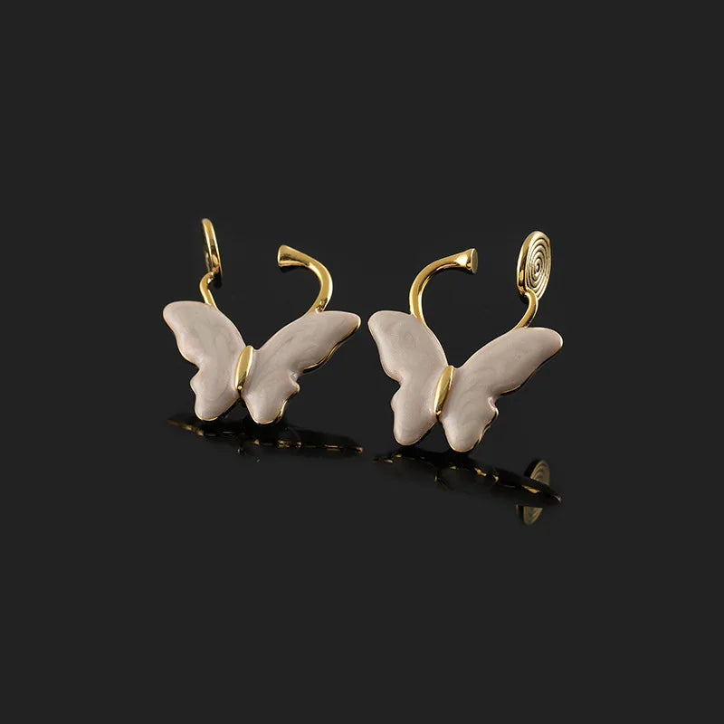 Elegant Cream Enamel Butterfly Alloy Stud & Clip On No Piercing Light Luxury Ear Cuff Drop Earrings