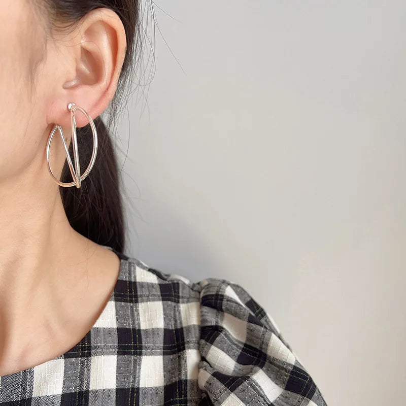 Elegant Silver Alloy Crossed Double Hoop Stud & Clip On No Piercing Spiral Circle Ear Cuff Earrings
